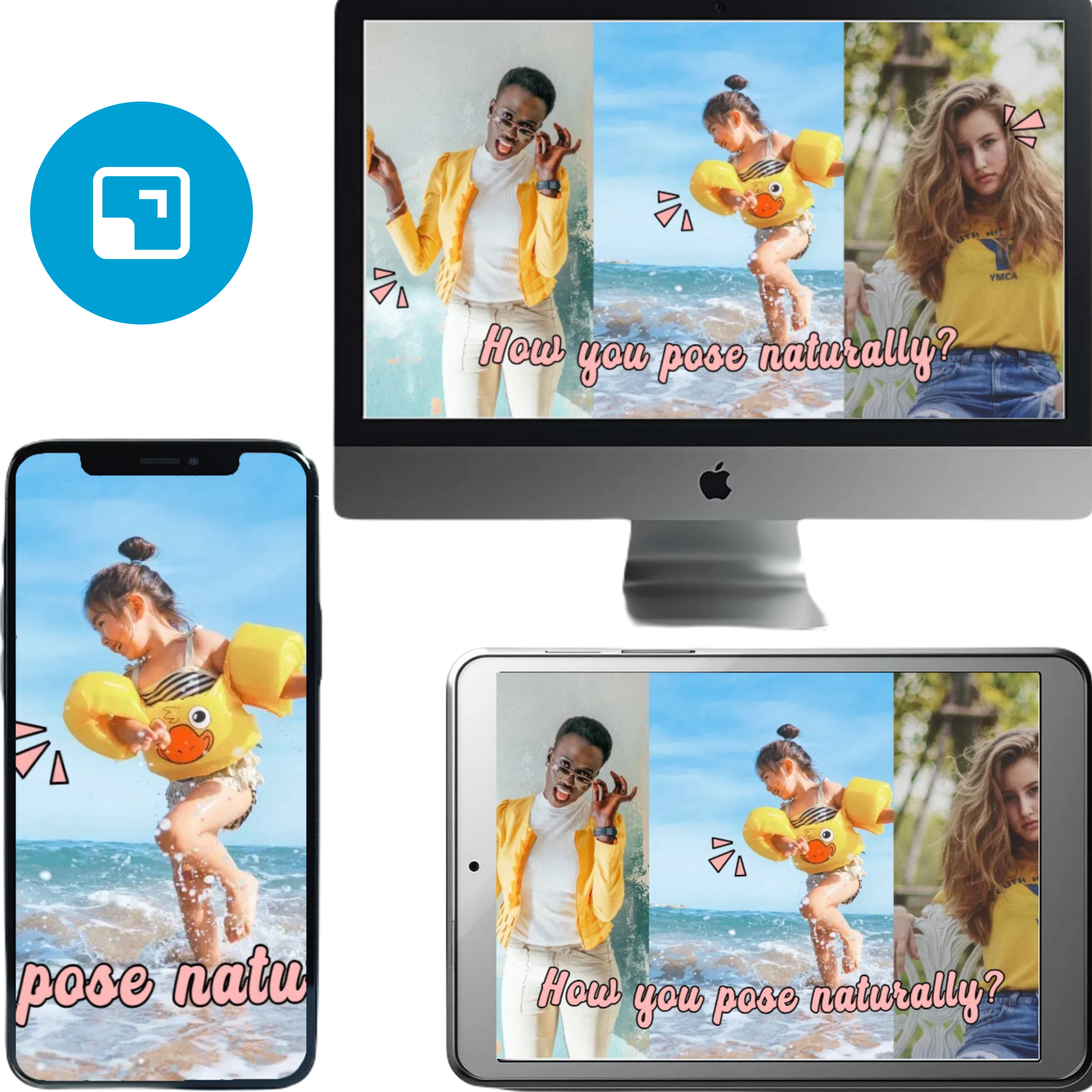 Multidevice display showing How you pose naturally photo collage Cheerful man in yellow jacket Girl with duck float at beach Woman in YMCA shirt Various screens