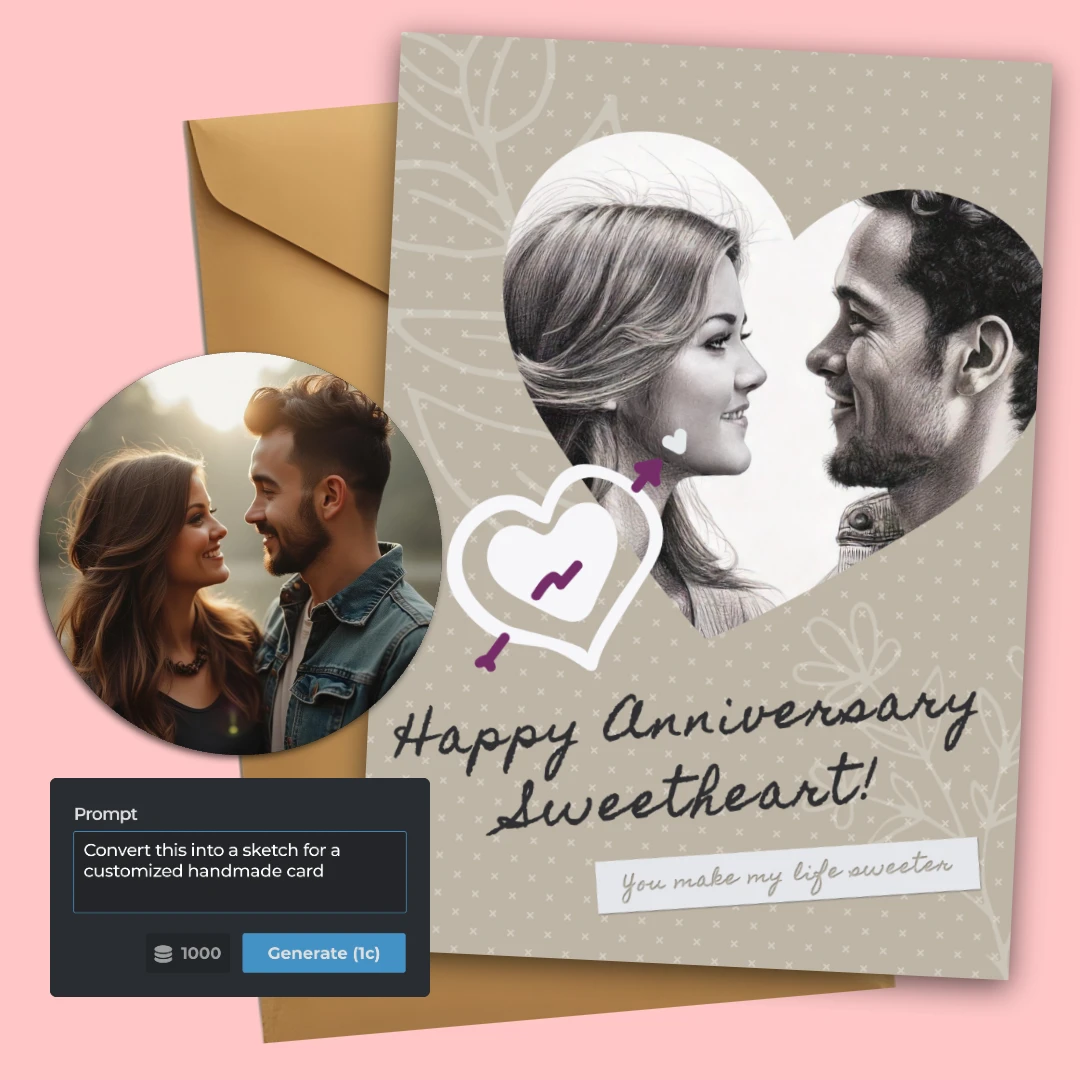 Anniversary card design with a heart graphic and text 