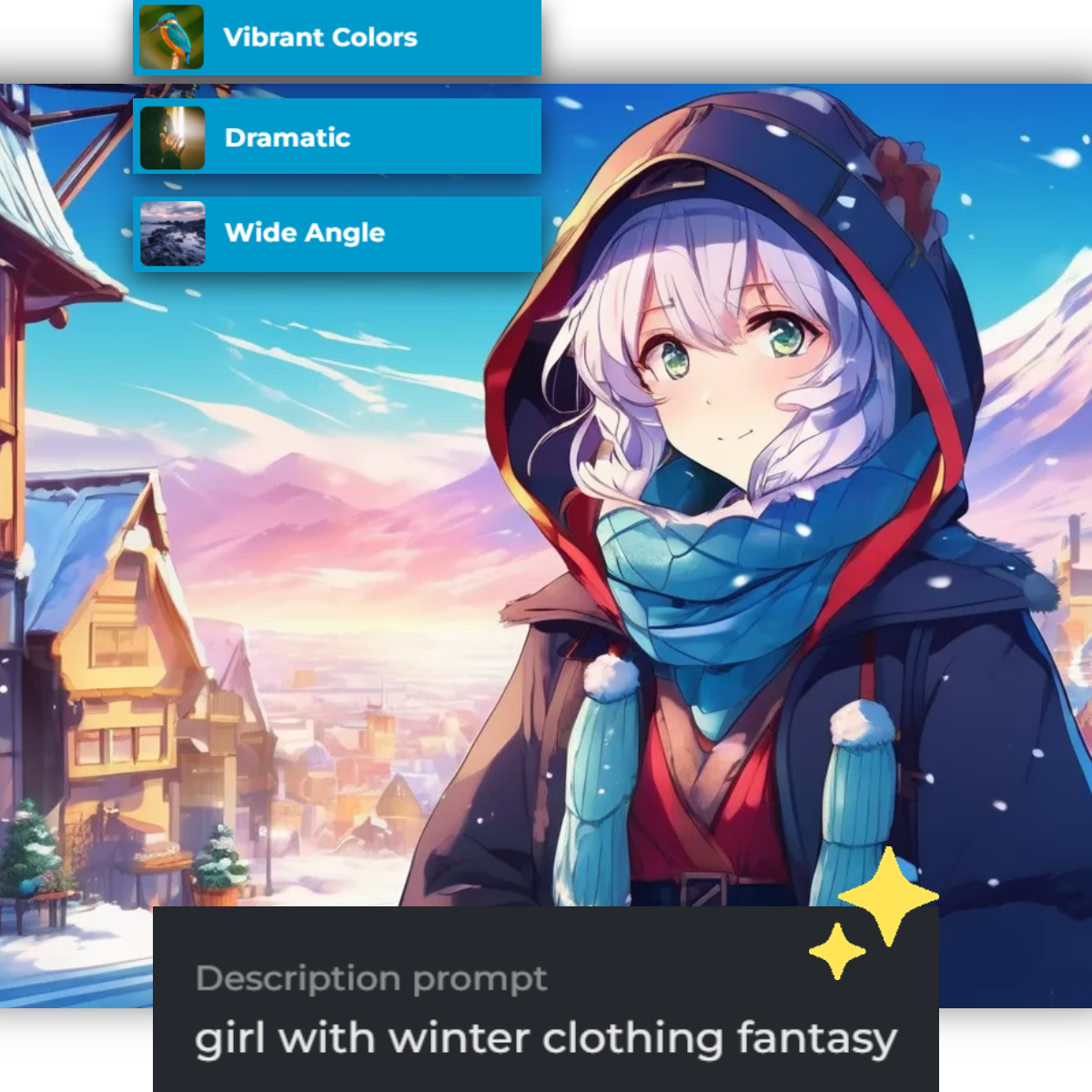 Anime-style girl in colorful winter attire with a snowy village backdrop.