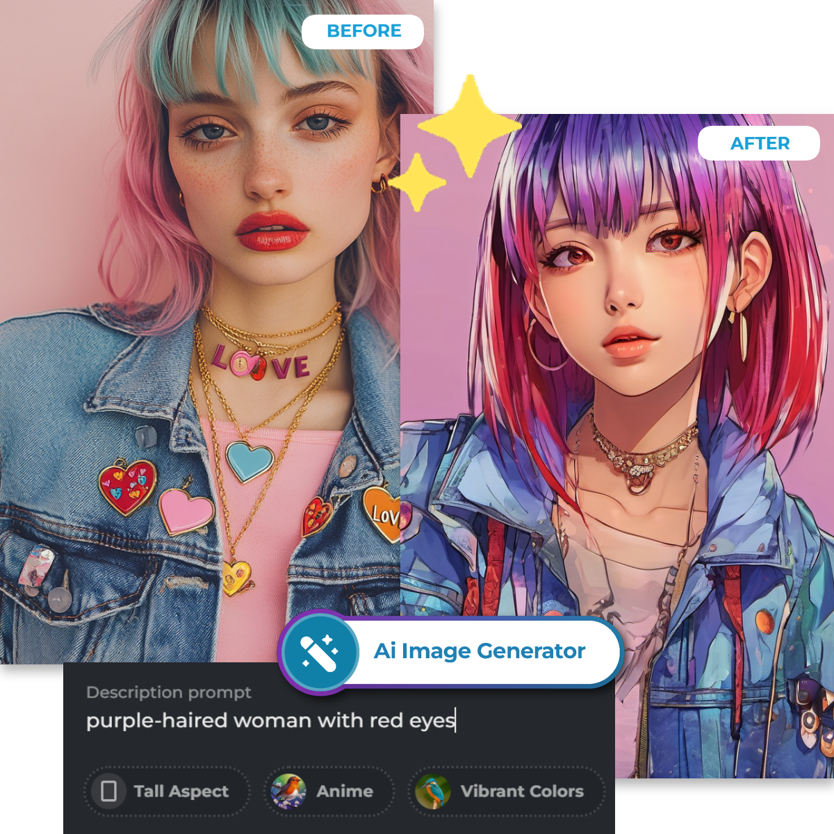 Side-by-side comparison of a photo and its anime-style illustration, featuring a denim jacket and pink hair.