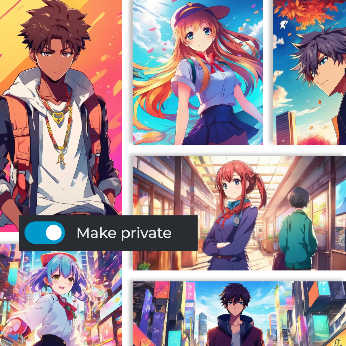 Collage of anime-style characters in various vibrant urban settings.