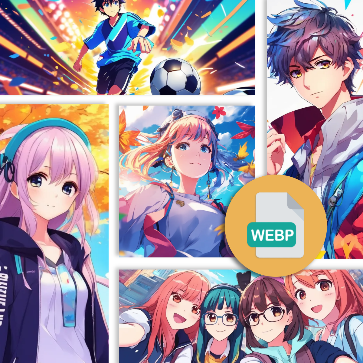 Collage of anime-style characters in various dynamic poses with vibrant colors, marked as a WEBP file.