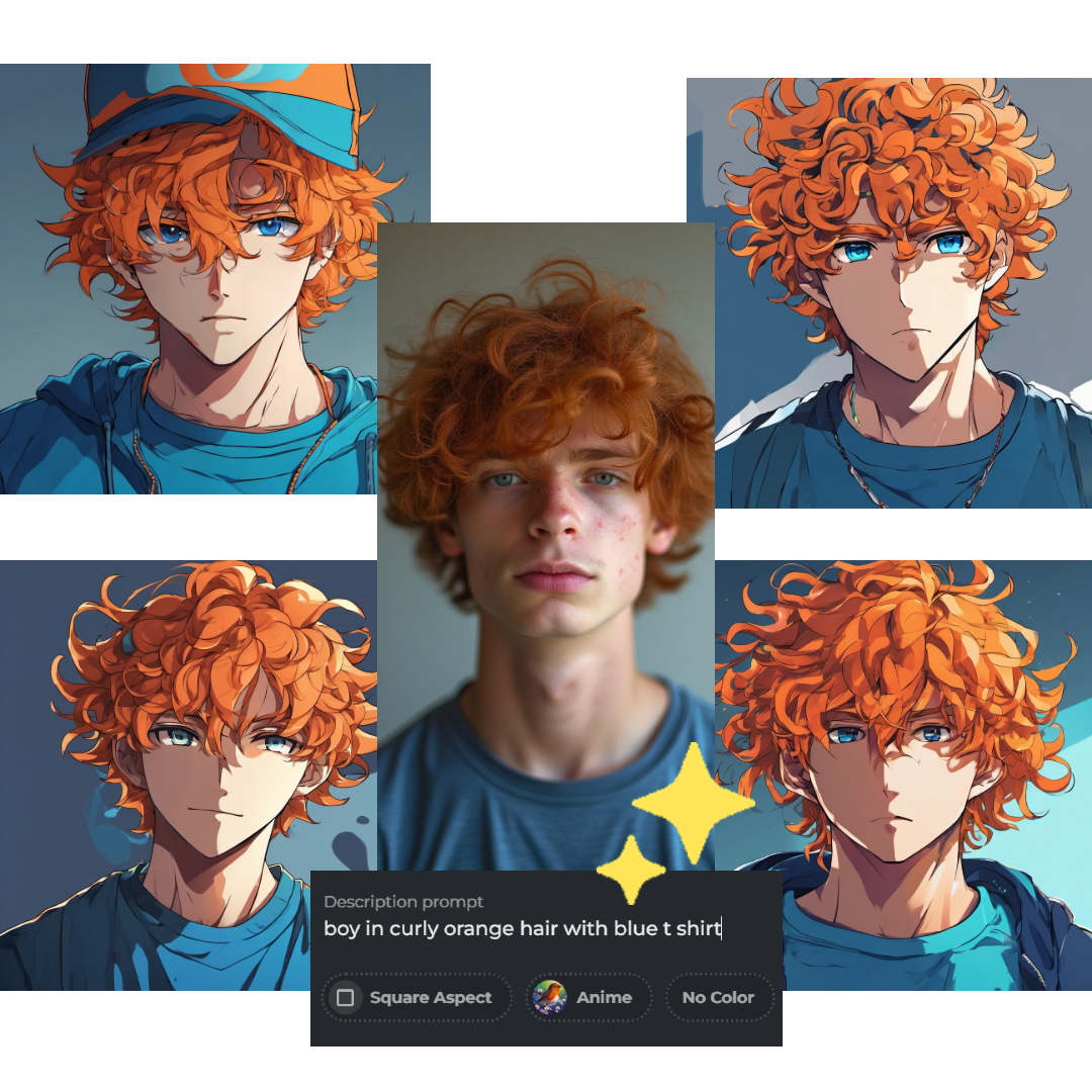 Composite image of a character with curly orange hair and blue attire.