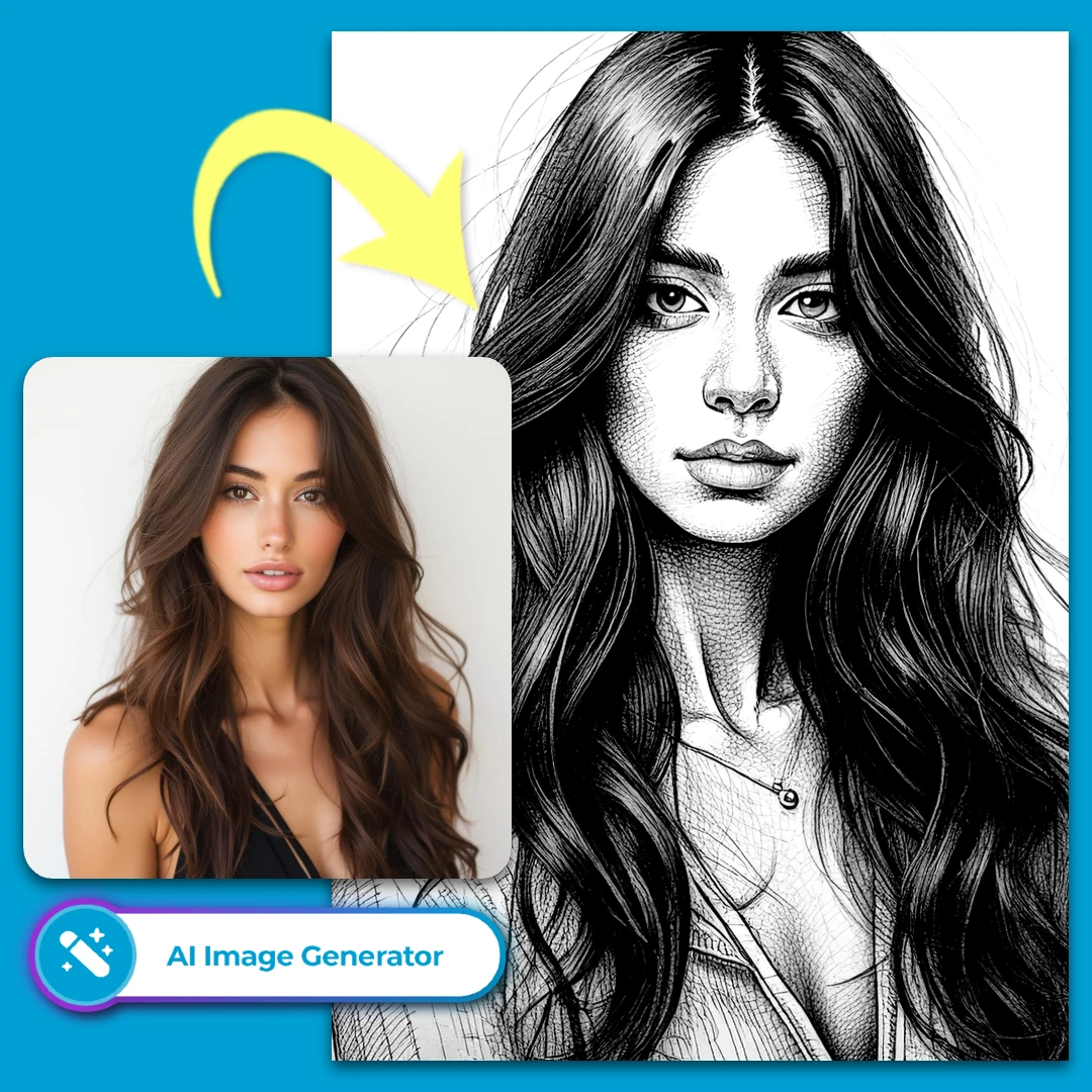 Illustration of a photo to sketch conversion showing a woman's hair and upper body.