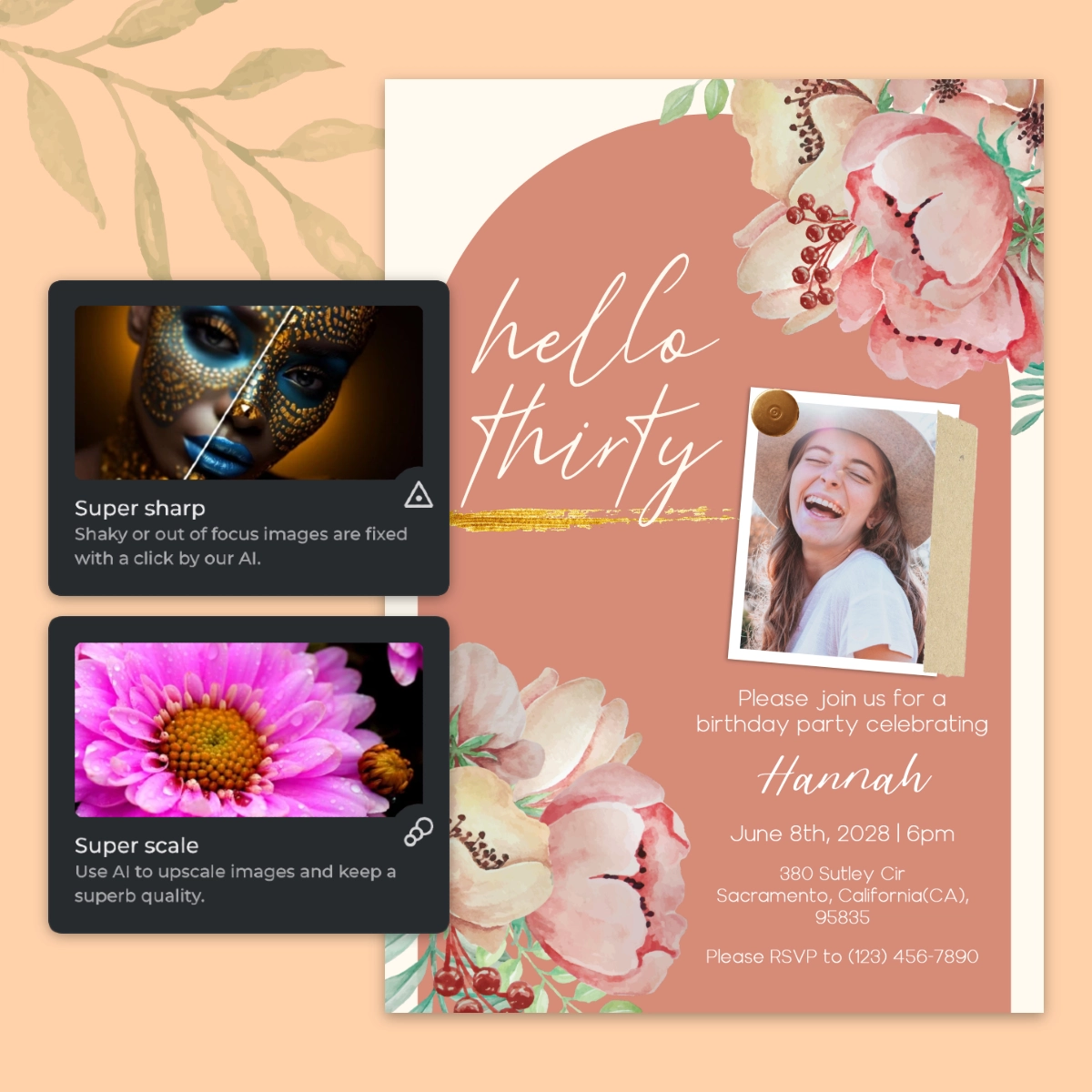 A birthday invitation featuring floral designs, inviting guests to celebrate Hannah's 30th on June 8th, 2028, in Sacramento.