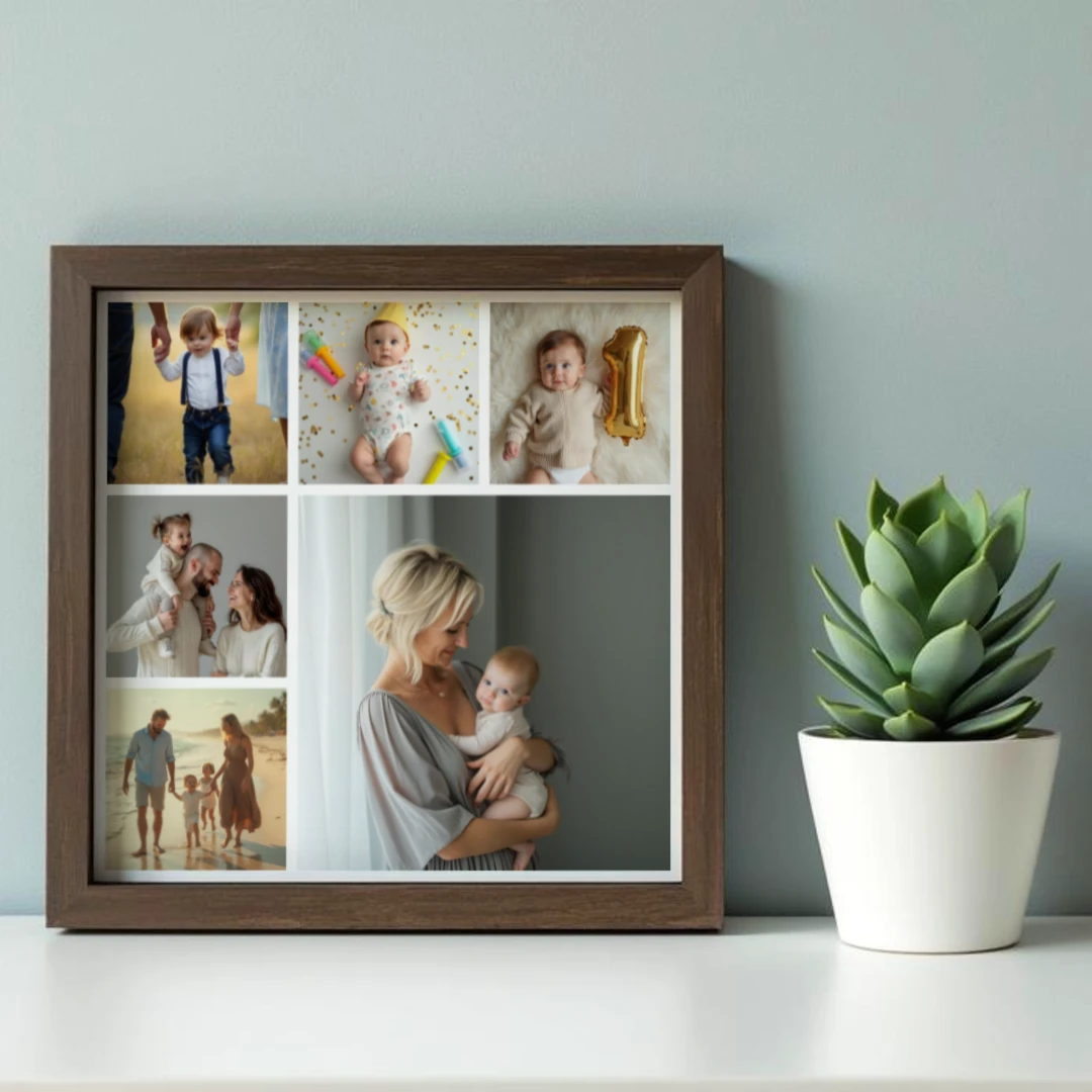 A photo collage in a brown frame next to a potted succulent, on a shelf against a blue wall.