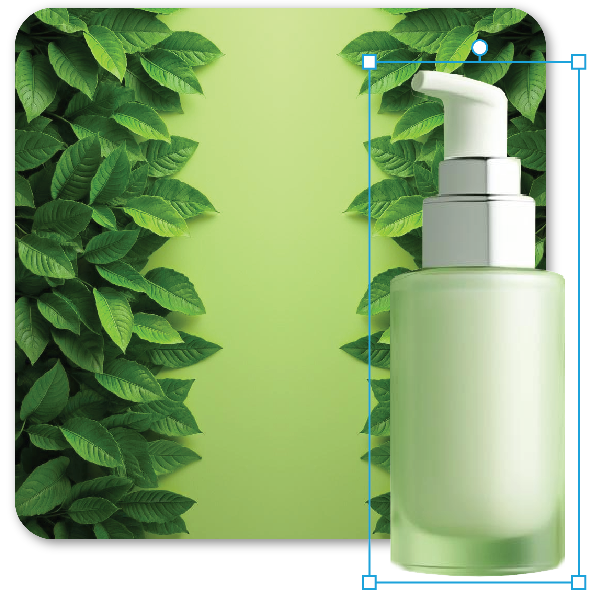 Frosted glass dispenser bottle on a green background with leafy border on the left side.