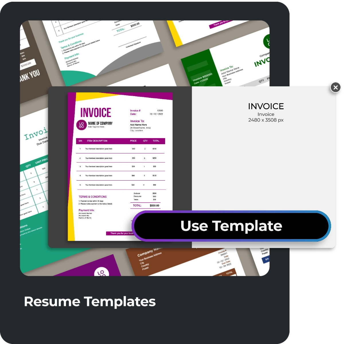 Invoice template preview with purple and yellow accents. Use Template button prominent. Background shows various invoice designs. Resume Templates text visible at bottom.