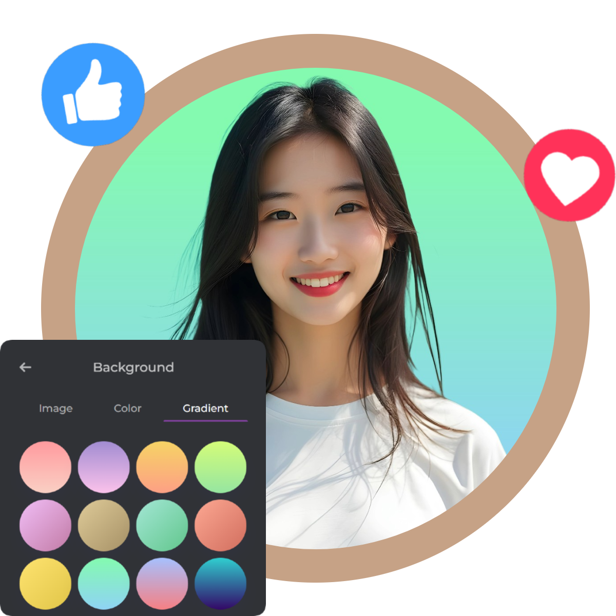 Image editing interface showing a white t-shirt clad person with social media reaction icons and color options.