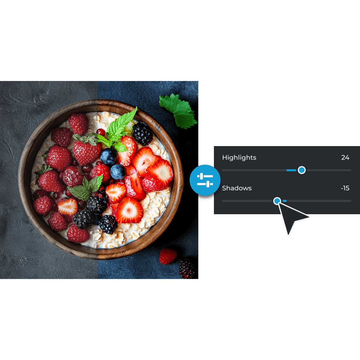 A bowl of oatmeal topped with various fresh berries and mint on a dark surface with an editing interface overlay.