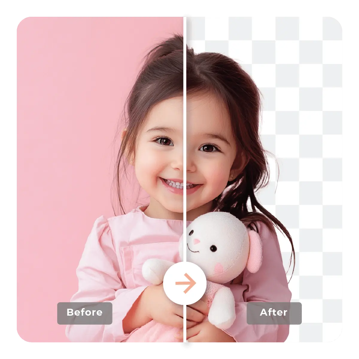 Child in pink holding a stuffed toy, split 