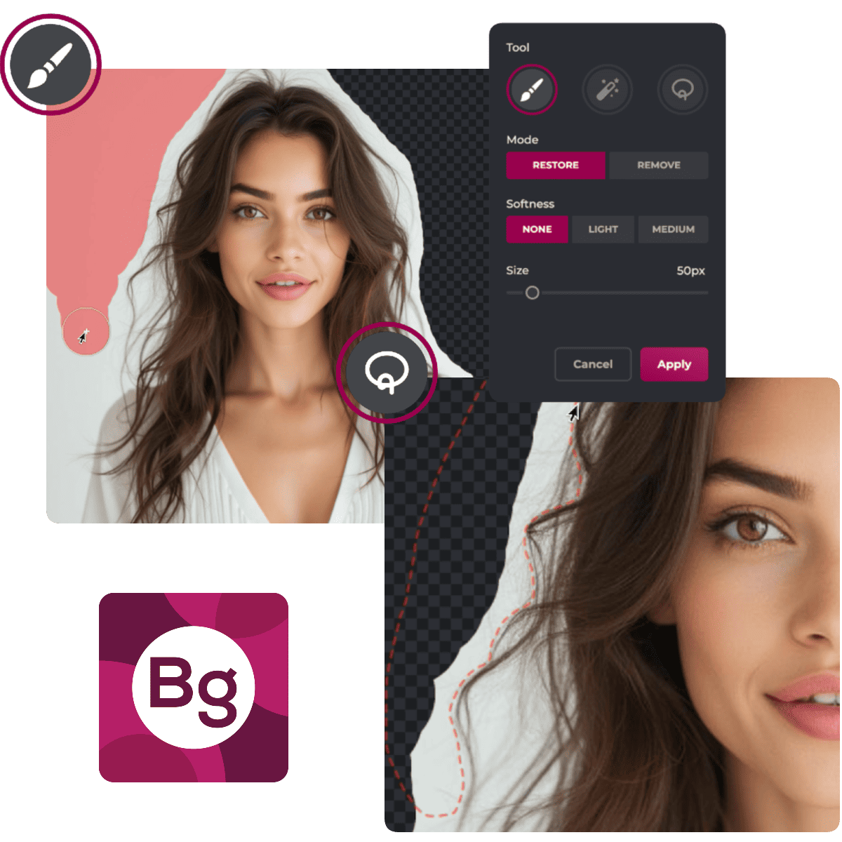 Screenshot of a photo editing software interface with tools and a person’s face.