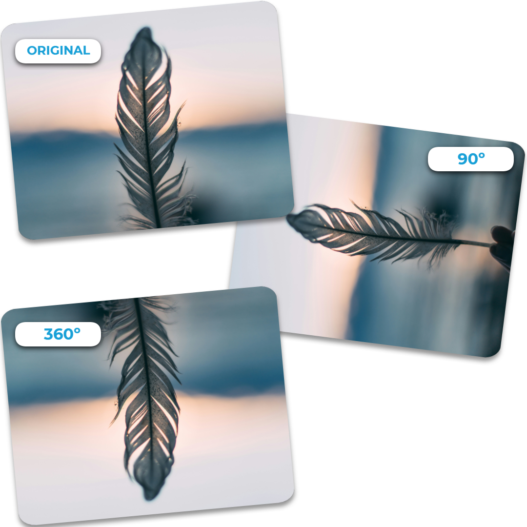 A feather showcased at three rotation angles against a blurred sunset background.