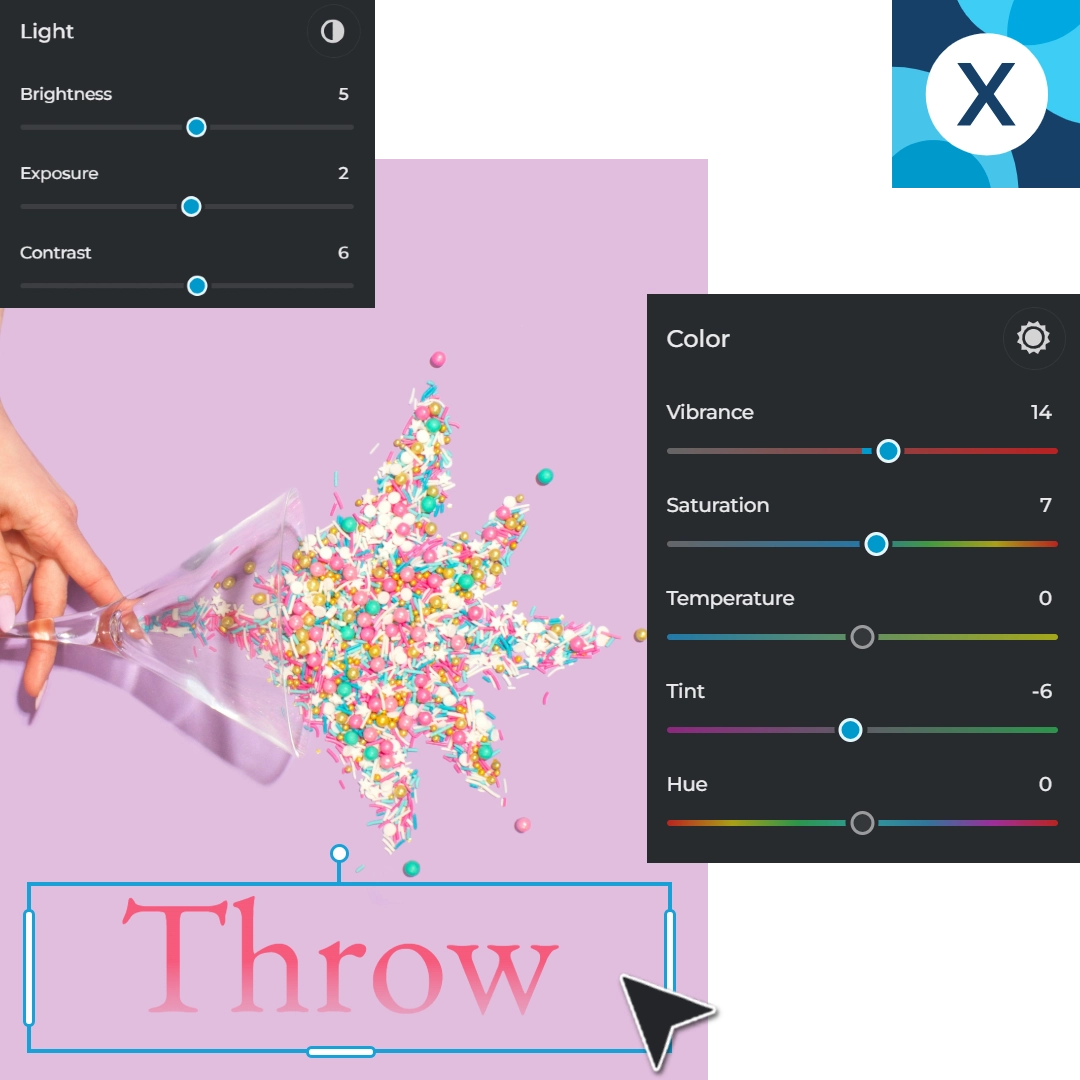 Hand throwing colorful confetti from a glass, on a pink background with 'Throw' text and editing UI elements.