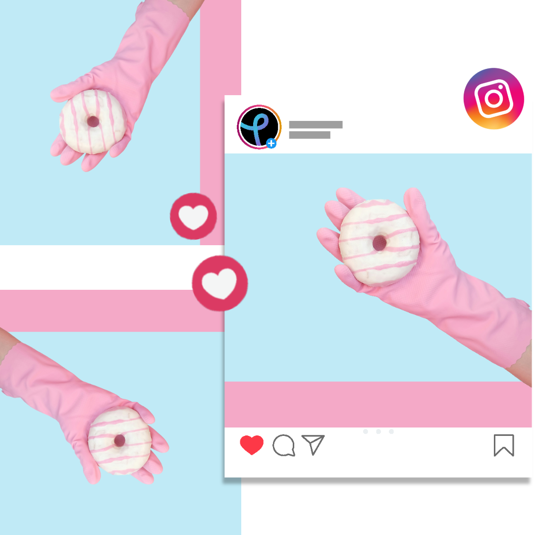 Hands in pink gloves holding a donut, stylized as a social media post with likes.