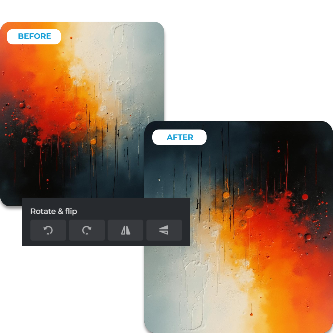 Abstract art with color splashes before and after rotation with editing toolbar