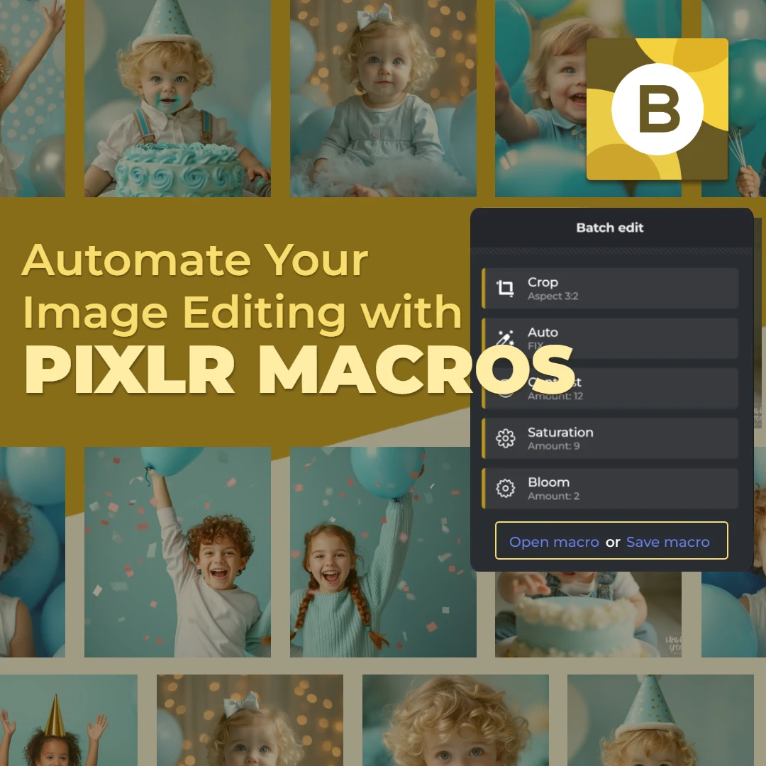Image for PIXLR Macros with examples of party-themed photo edits.