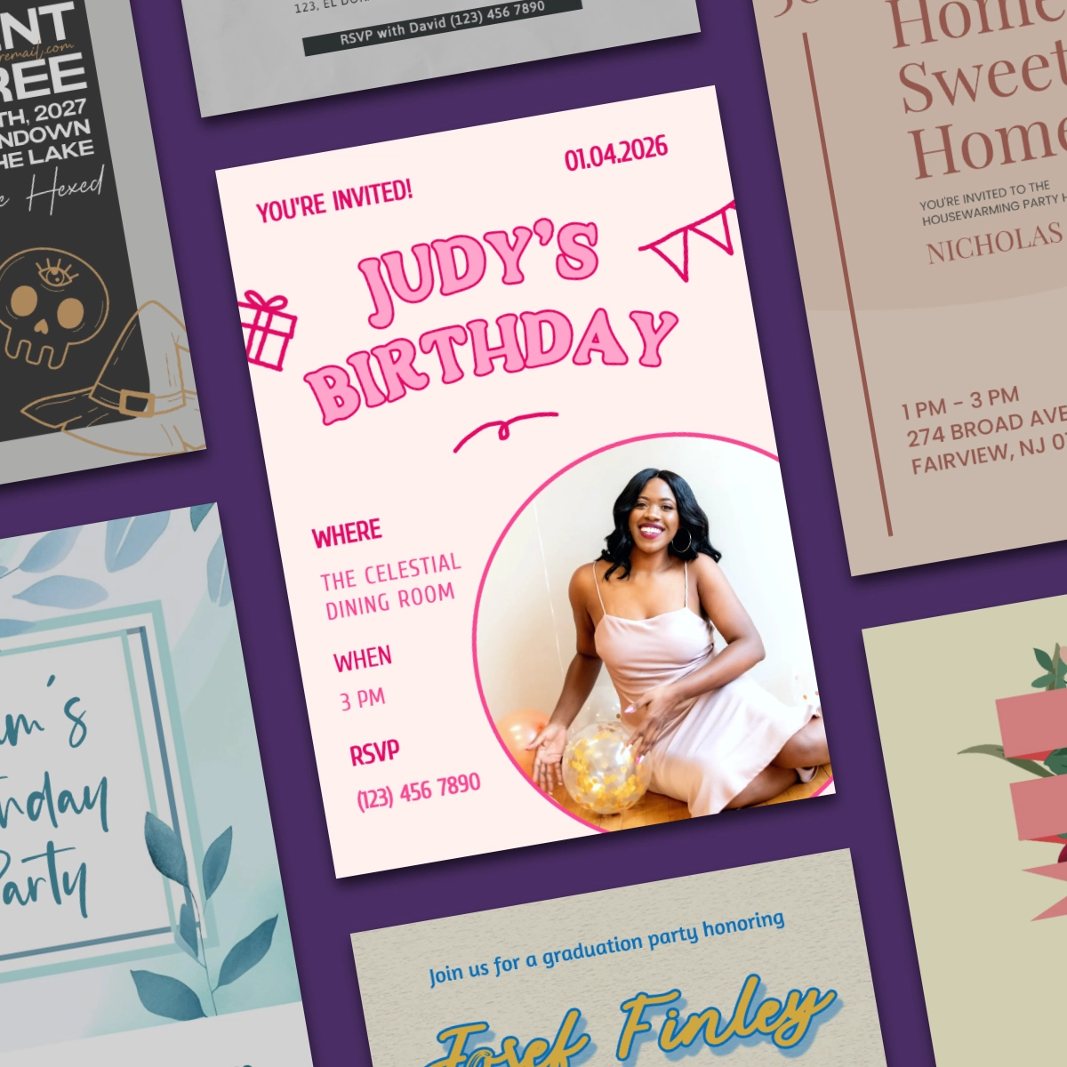 A colorful birthday invitation for Judy, with details on location, time, and RSVP. Festive decorations and balloons are included.