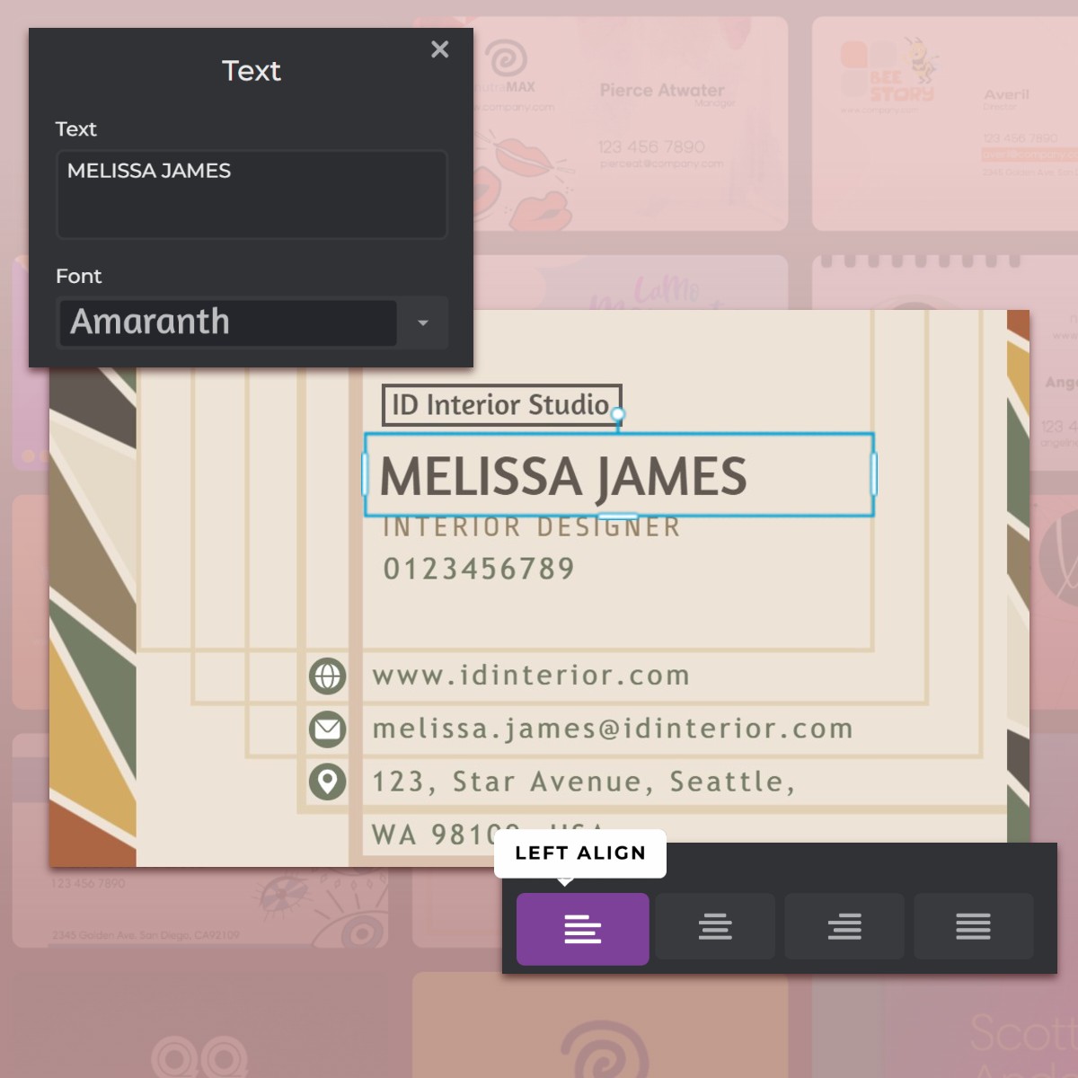 Business card design interface showing the name 