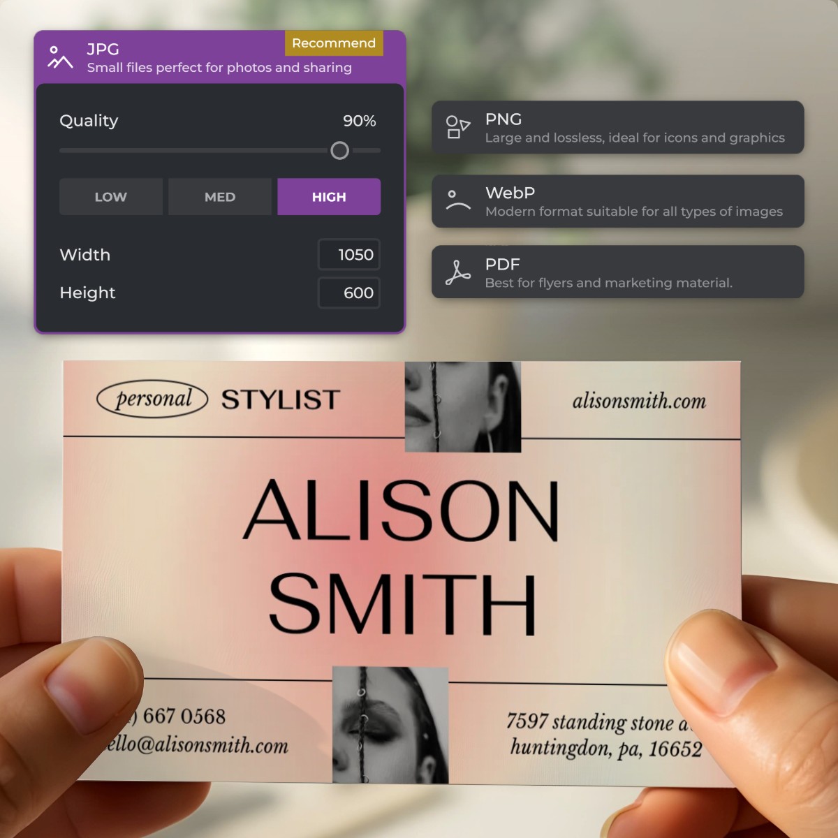 Hands holding a business card for 