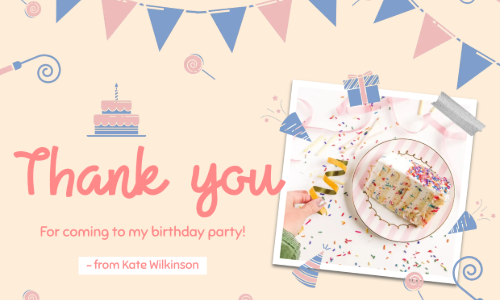 Thank you card design interface. Baby in animal costume photo. Pastel background with stars, moon, bird. Editing panels show media and frame options. Bunting and text Thank you for coming.