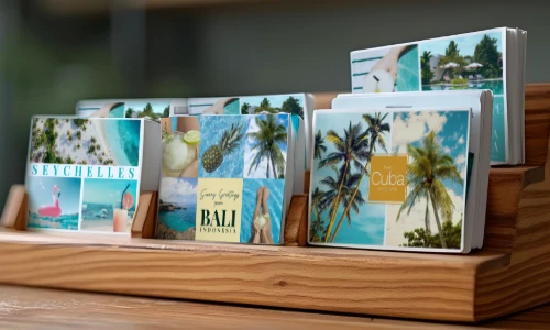 Display of travel postcards on wooden shelf Tropical destinations Seychelles Bali Cuba Beach scenes Palm trees Pineapple Colorful designs Vacation vibes