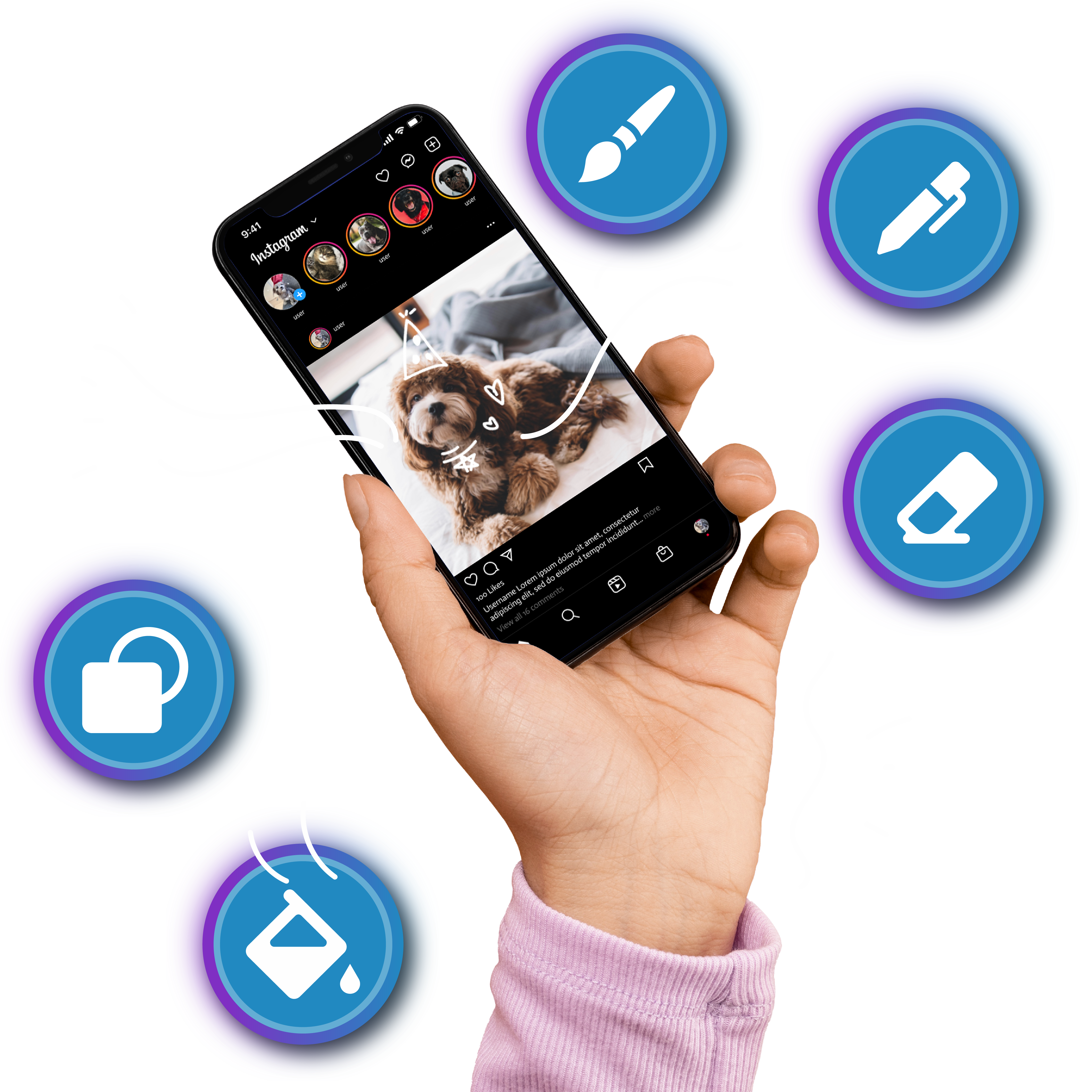 A hand holding a phone with an Instagram post of a dog, surrounded by Pixlr’s Draw Tool icons, illustrating mobile-friendly image editing capabilities.