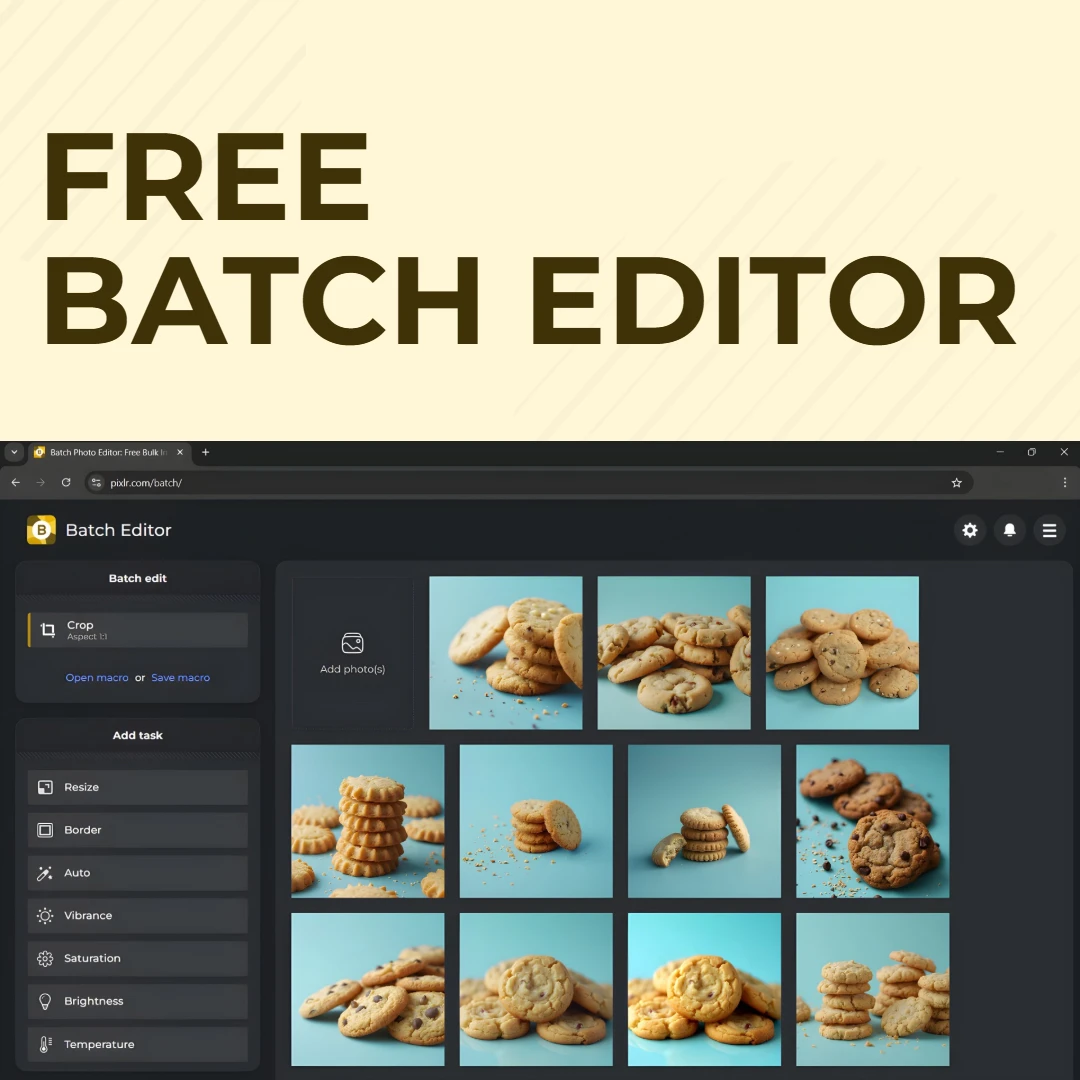 Screenshot of a 'FREE BATCH EDITOR' program interface with various images of cookies displayed for editing.