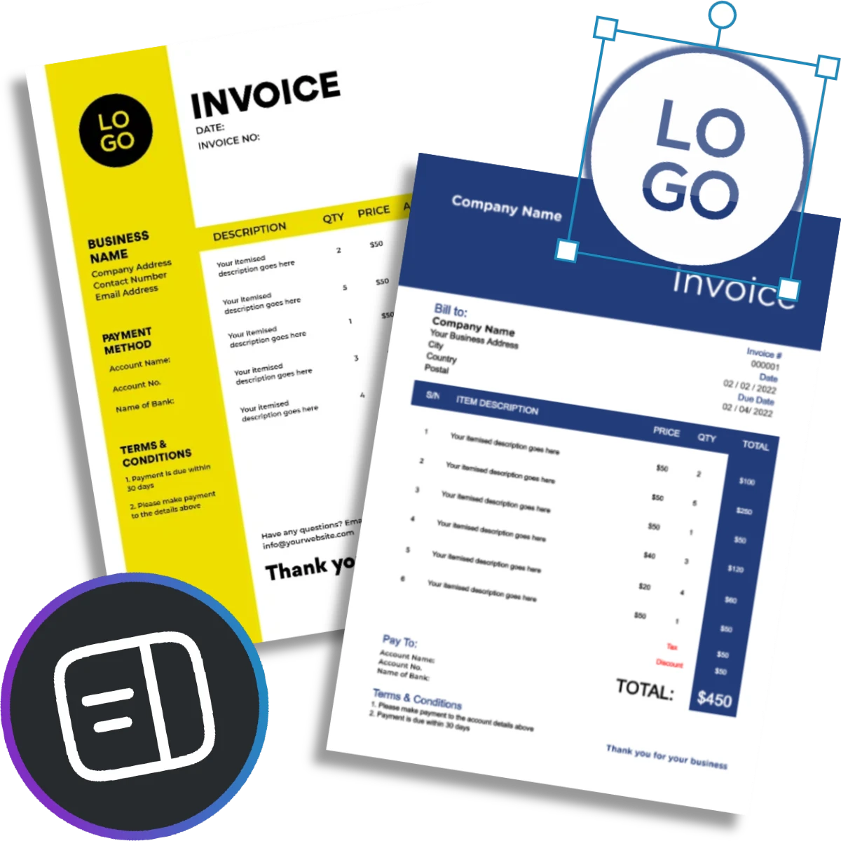 Invoice templates in yellow and blue designs. Logo and business details displayed. Itemized table for services. Payment and terms sections included. Customization icon shown.