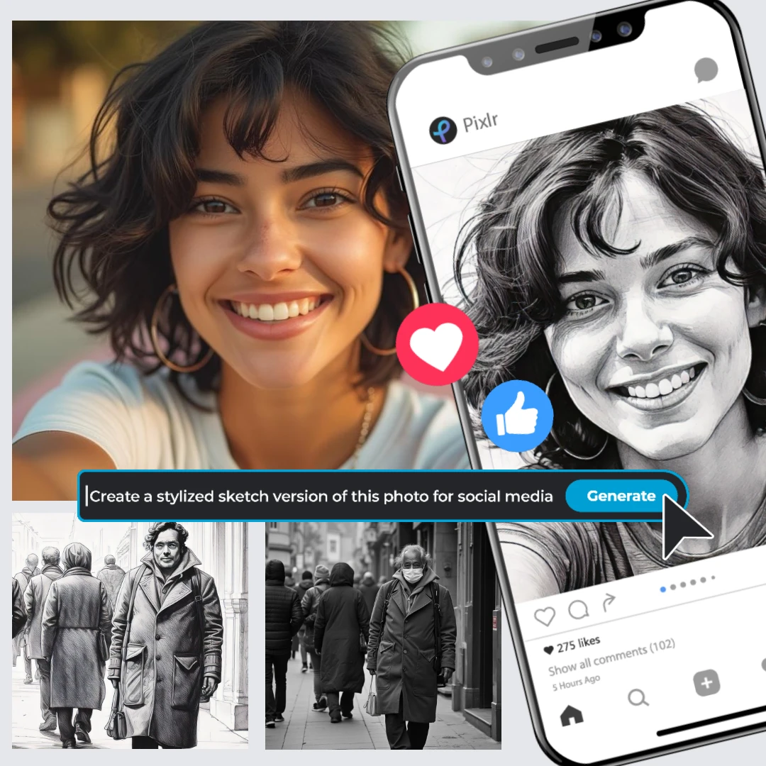 Composite image displaying a photo editing app interface with a sketch filter option and a street photo.