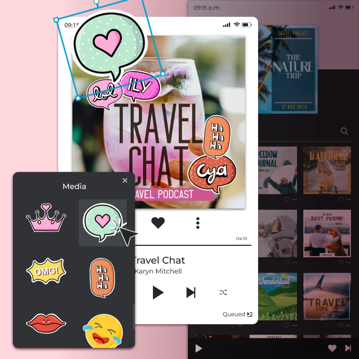 Travel podcast interface with colorful stickers. 