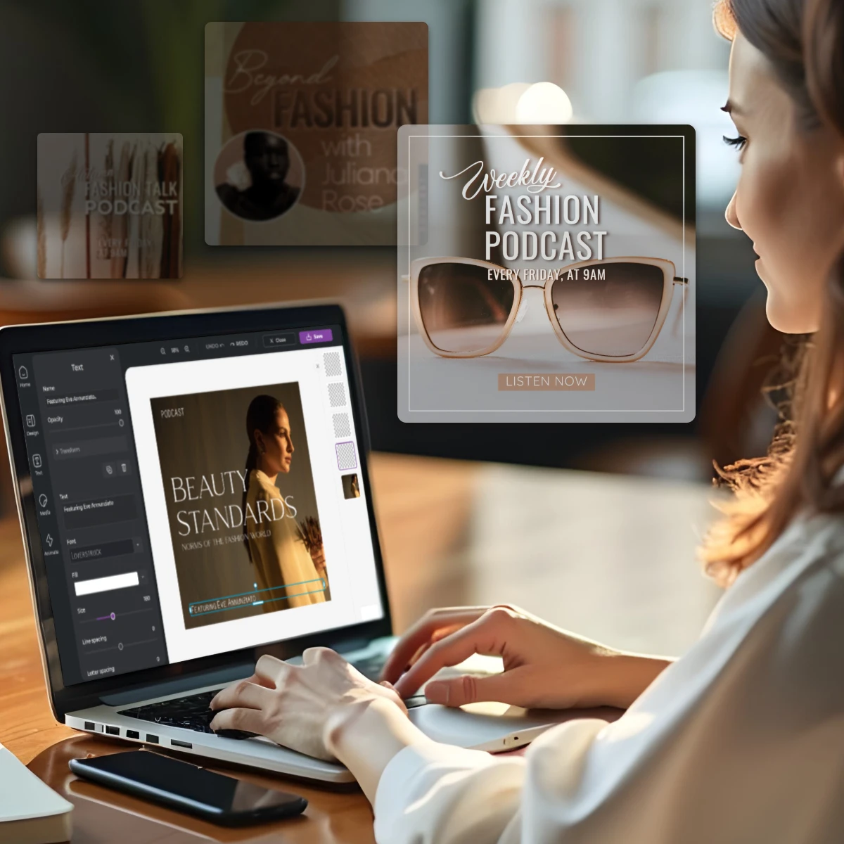Woman editing fashion podcast cover on laptop. Screen shows Beauty Standards podcast. Weekly Fashion Podcast ad with sunglasses. Other fashion podcast covers visible. Workspace setting.