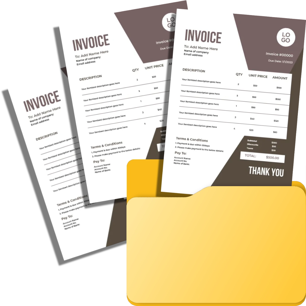 Invoice templates with LOGO branding. Multiple designs shown, featuring itemized tables, terms, and payment details. Yellow folder icon in foreground. Dark background with white invoices.