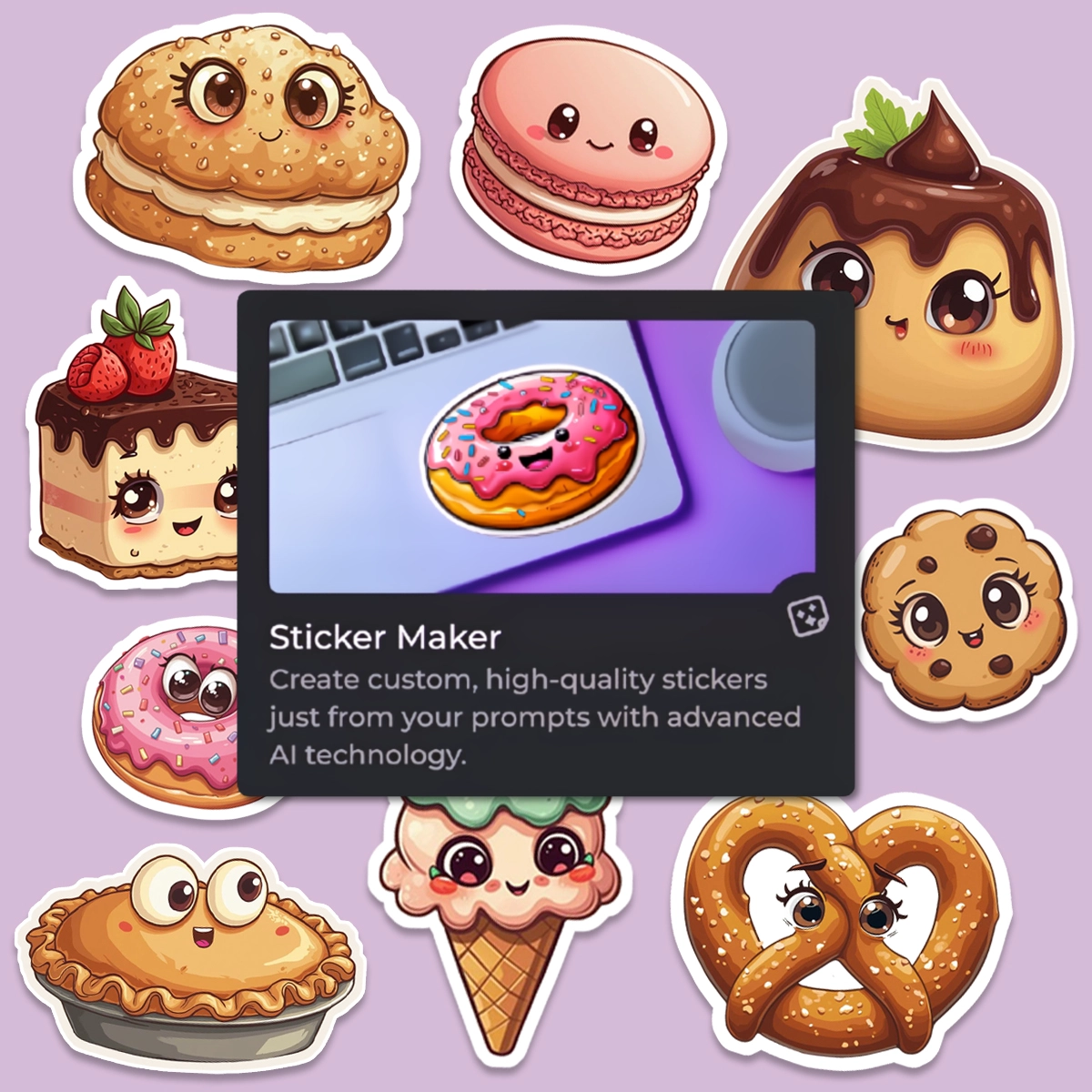 Image of cute animated dessert stickers with a central device screen promoting a Sticker Maker app.