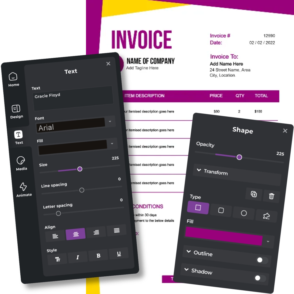 Invoice template with purple design. Editing interface showing text and shape customization options. Company details and itemized table visible. Yellow accent in corner.