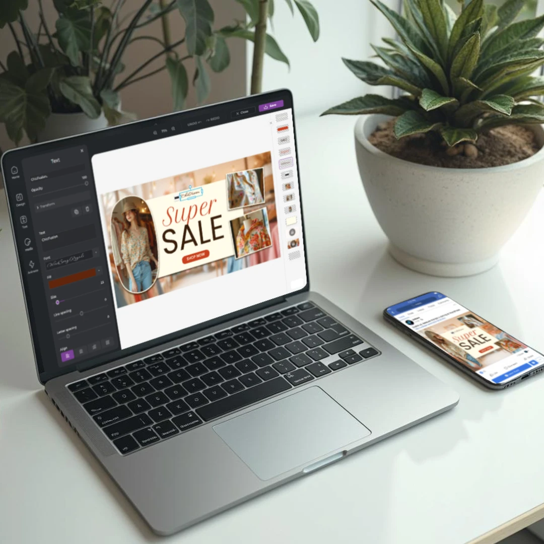 Laptop and smartphone displaying matching 'Super Sale' advertisements on a desk with plants.