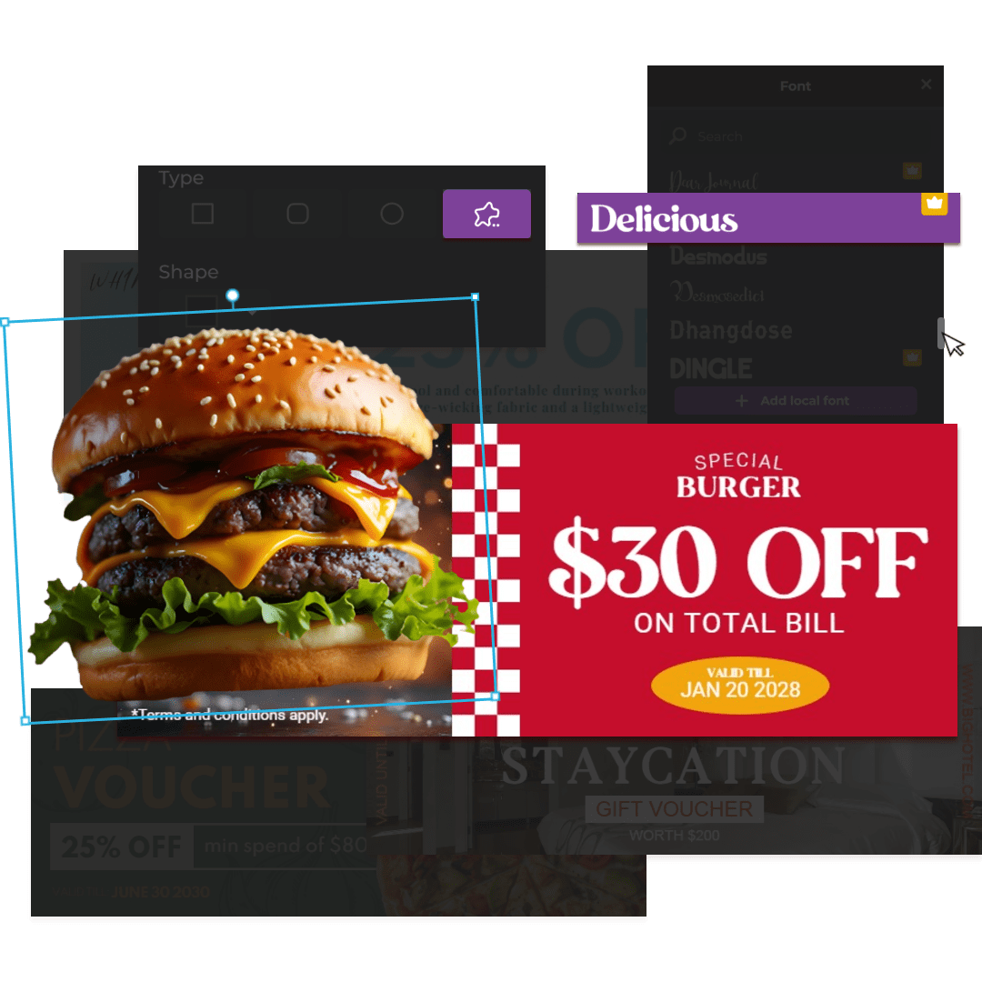 Image featuring a delicious burger with cheese and condiments, promoting a $30 discount on the total bill until January 20, 2028.