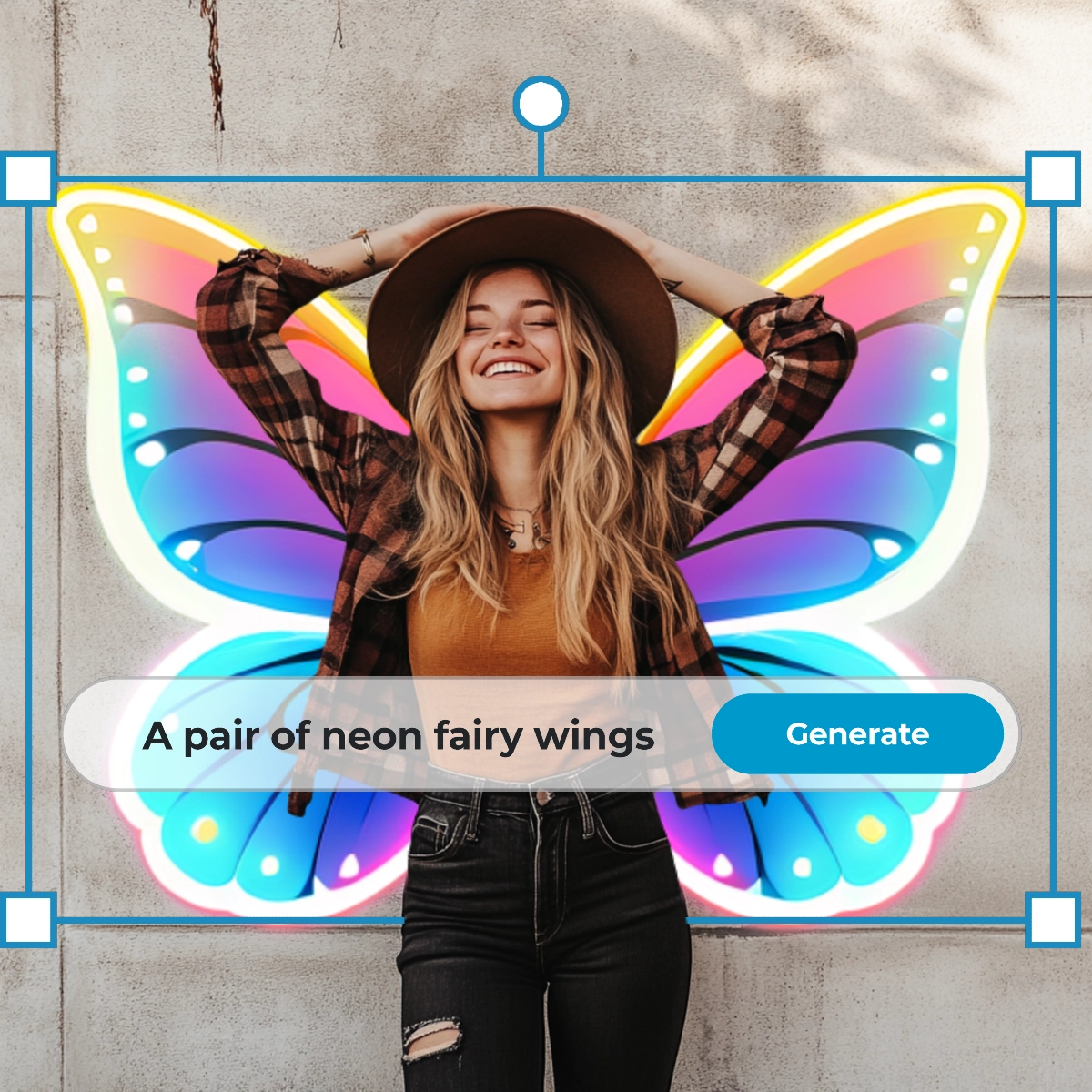 Joyful woman in hat and plaid shirt with colorful neon fairy wings backdrop Hands raised smiling Image editor interface A pair of neon fairy wings prompt