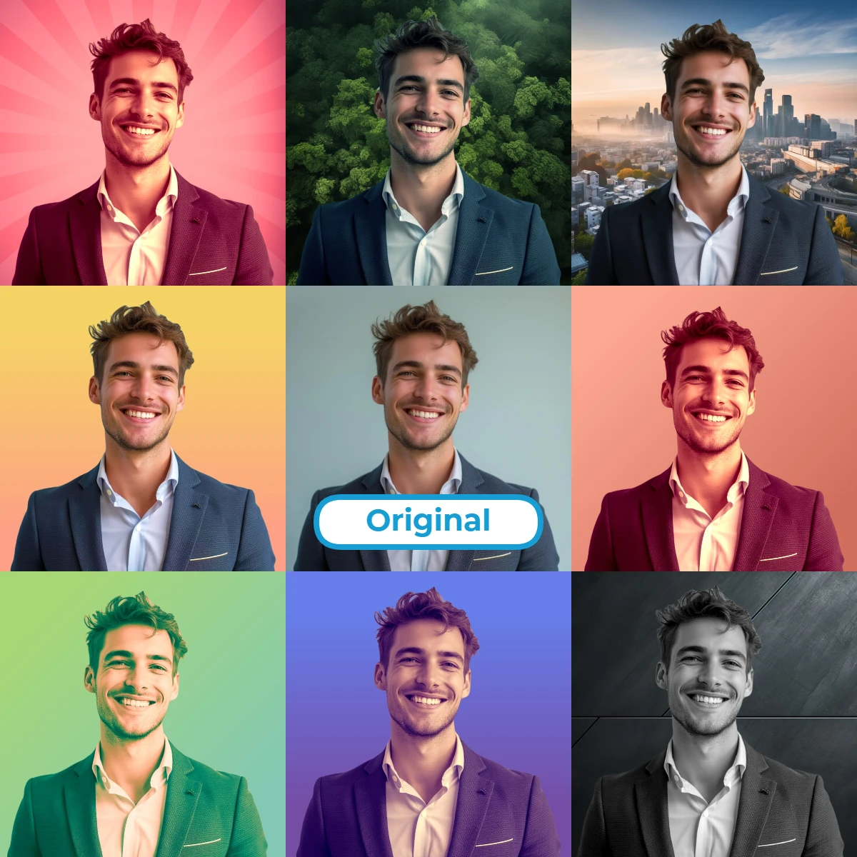 Nine color-varied images of a person in a blazer, with different background settings, displayed in a grid.