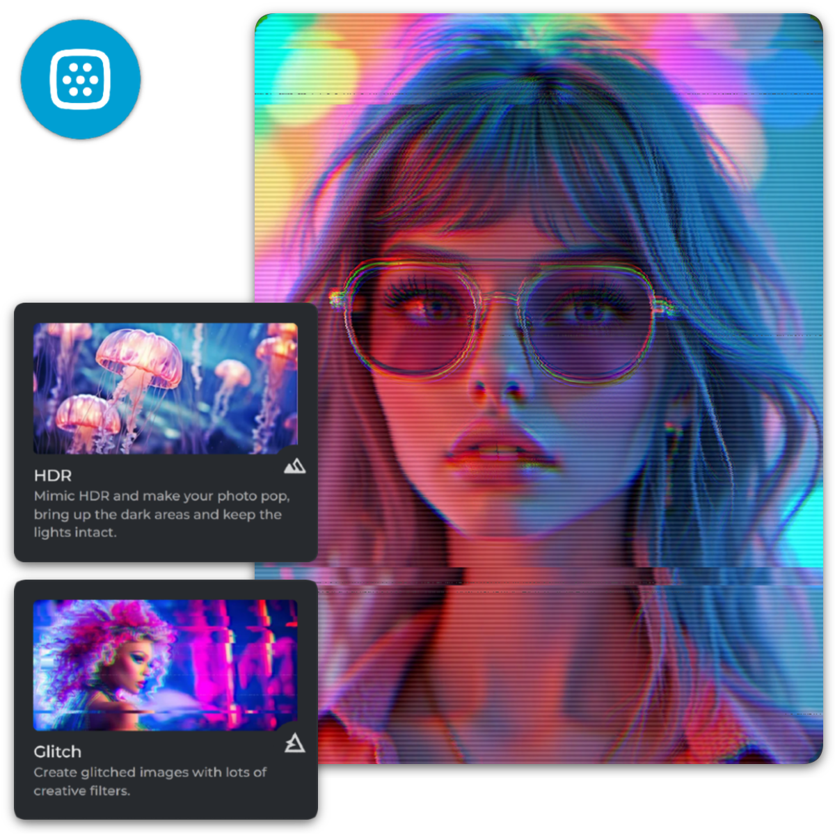 Screenshot of a photo editing app interface demonstrating HDR and Glitch filters with jellyfish and colorful effects.