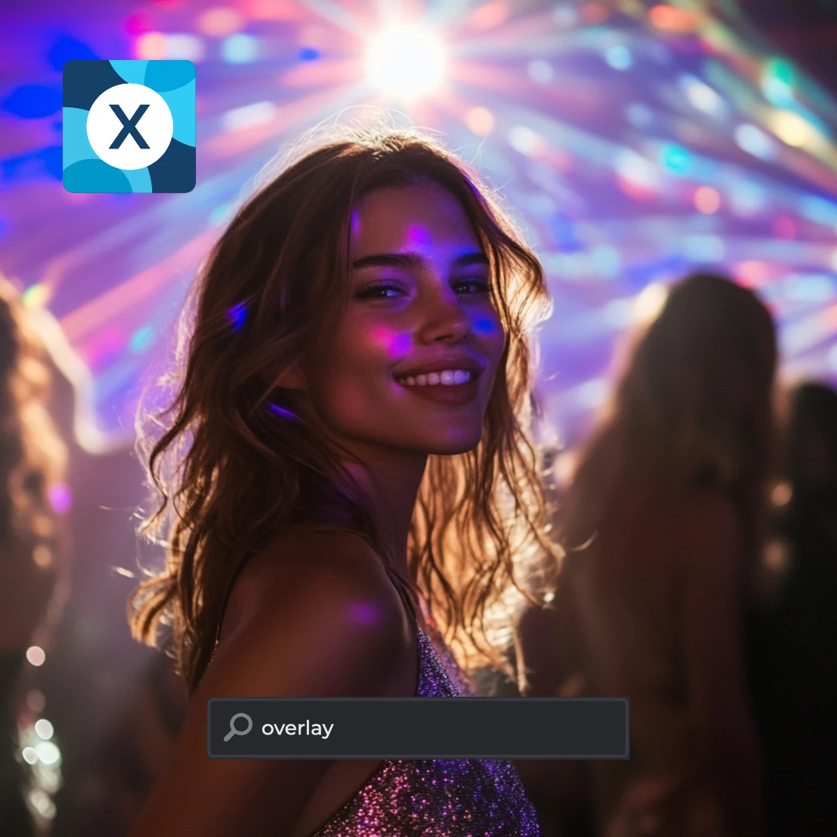 Woman in a sequinned dress at a party with colorful lights in the background.