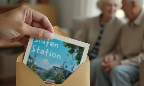 Hand holding postcard from Driften Station Envelope open Elderly couple sitting in background Blurred interior scene Nostalgic memory sharing moment