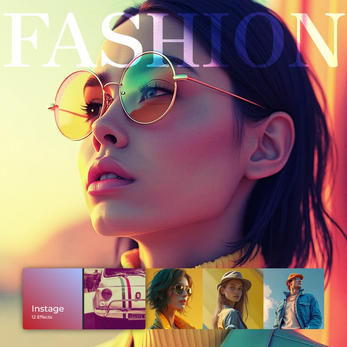 Stylized fashion image with colorful background and partial view of a person's profile with sunglasses.