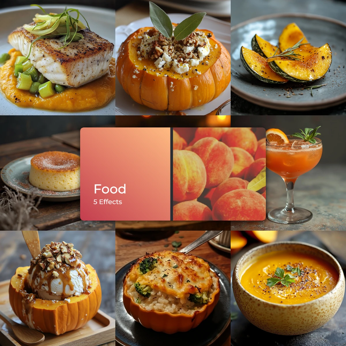 Collage of gourmet dishes including seafood, stuffed pumpkin, flan, cocktails, and soup.