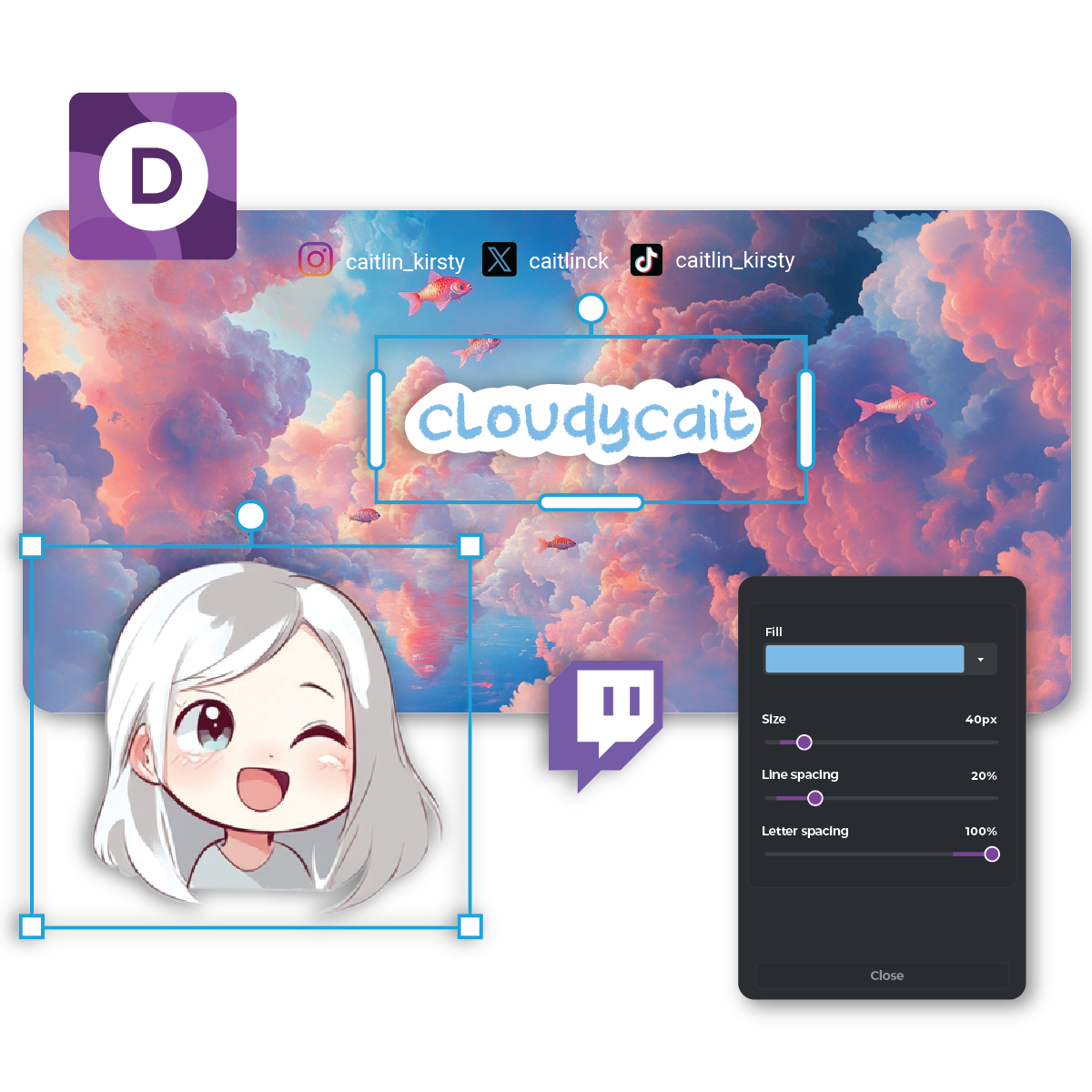 A digital graphic featuring a whimsical avatar with silver hair, a backdrop of colorful clouds, and social media handles for 