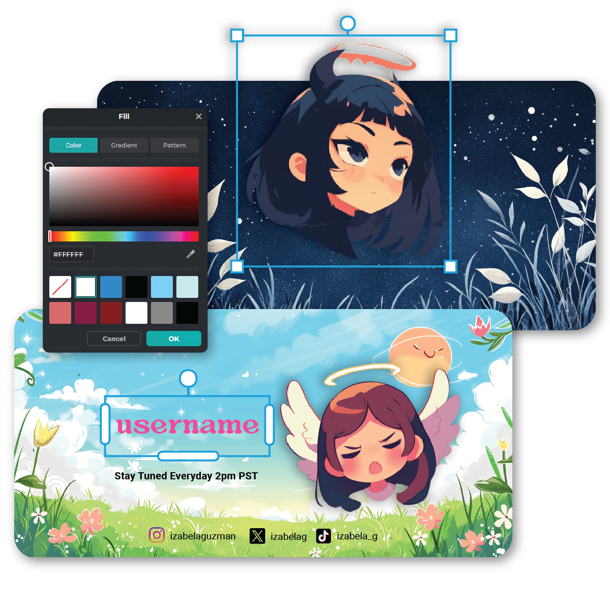 Digital art design featuring character illustrations, a color picker tool, and a placeholder for username and schedule information.