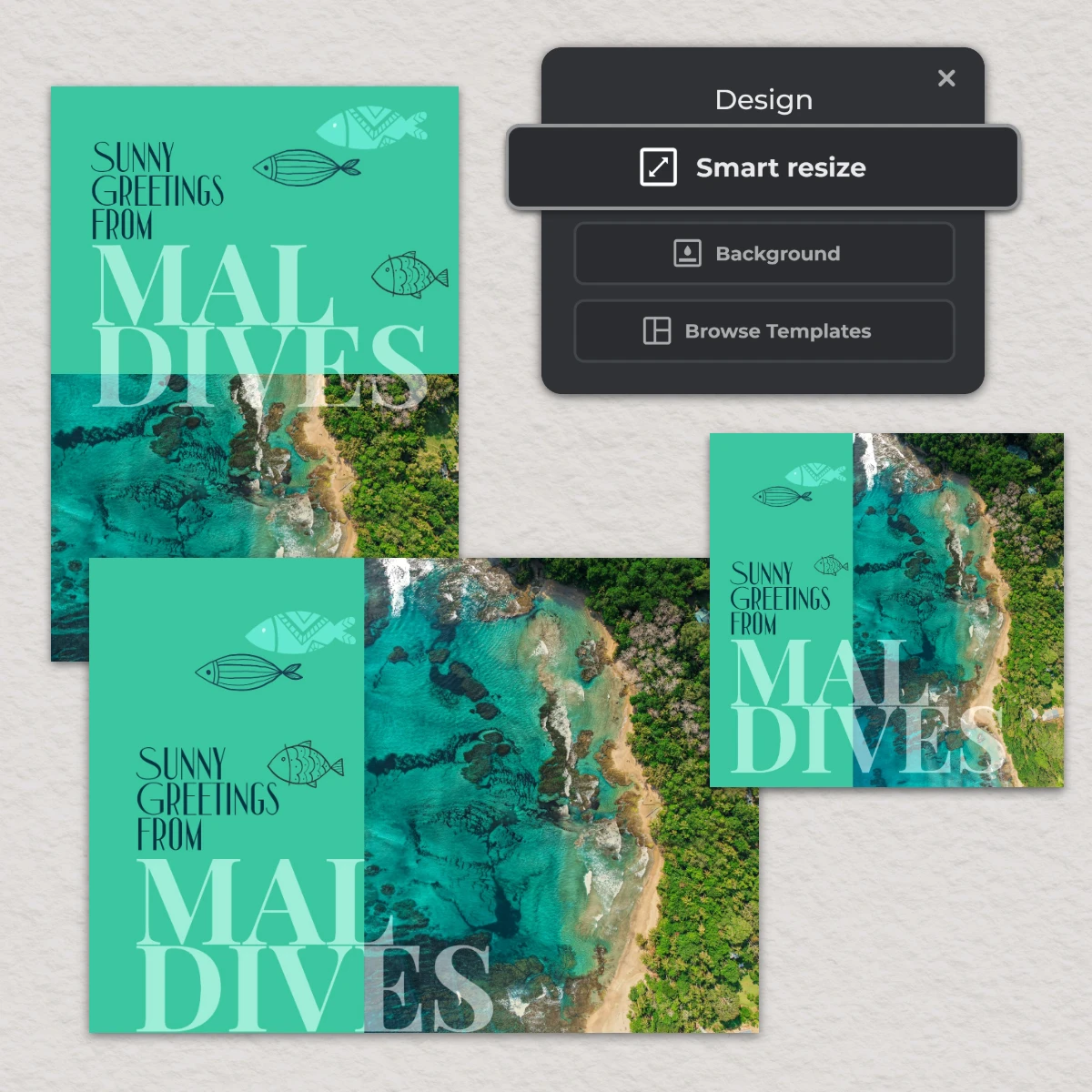 Maldives postcard designs Aerial beach view Turquoise water Green forest Fish illustrations Sunny greetings text Design interface Smart resize option