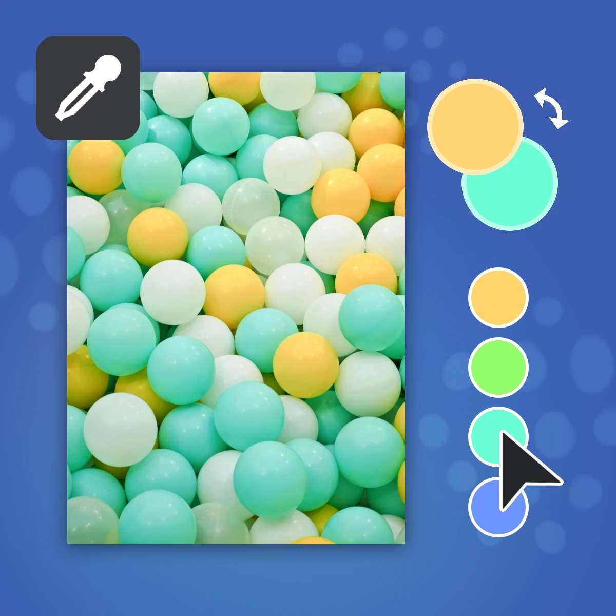 Color palette tool with cursor hovering over a green ball among multicolored balls.