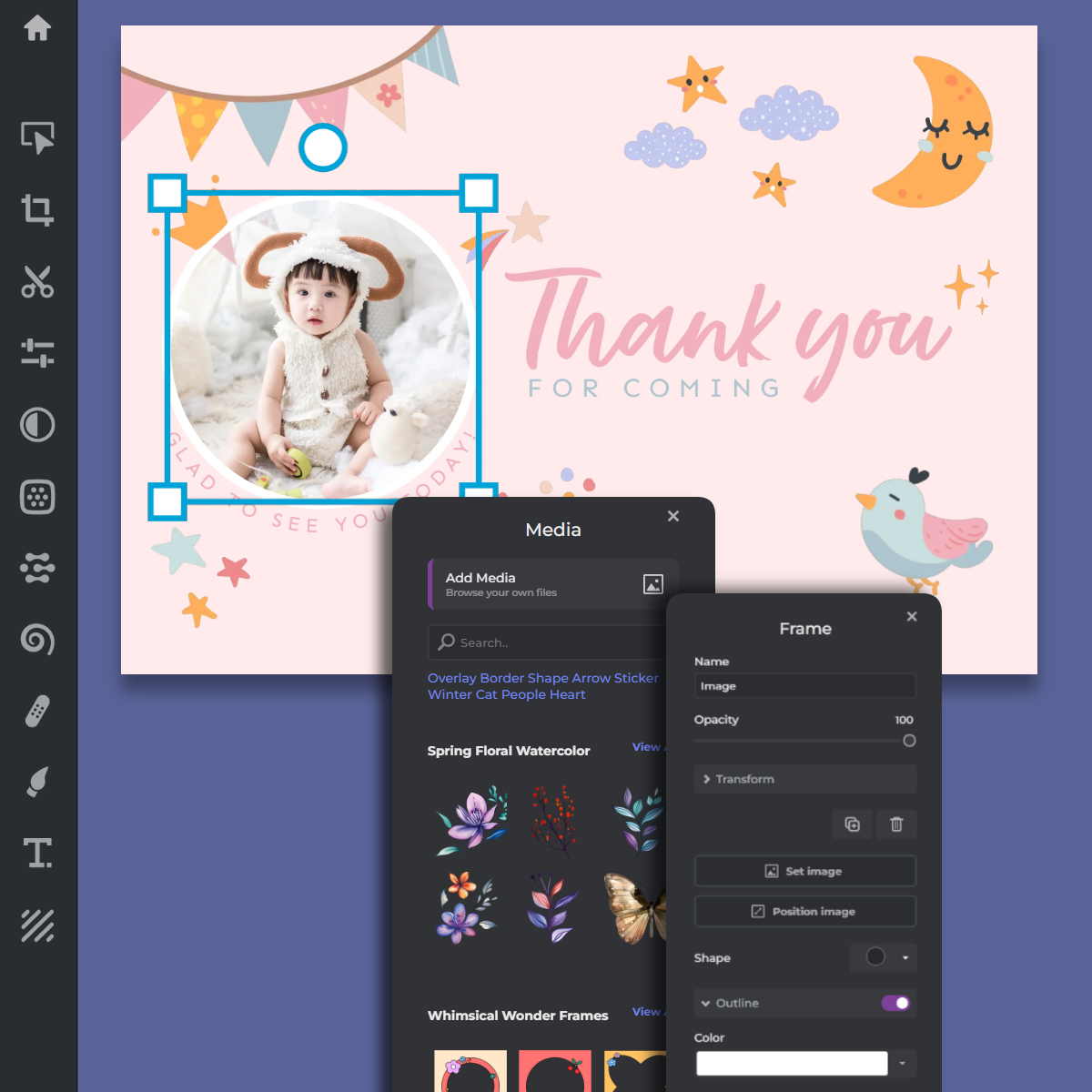 Thank you card design interface. Baby in animal costume photo. Pastel background with stars, moon, bird. Editing panels show media and frame options. Bunting and text Thank you for coming.