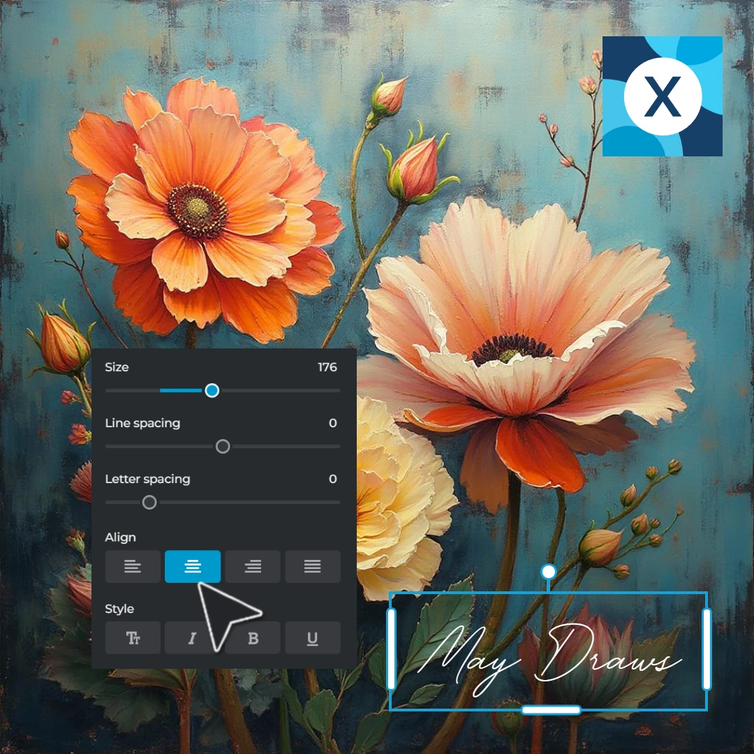 A beautiful floral painting with orange and peach flowers, alongside a text editing interface displaying alignment and style options.